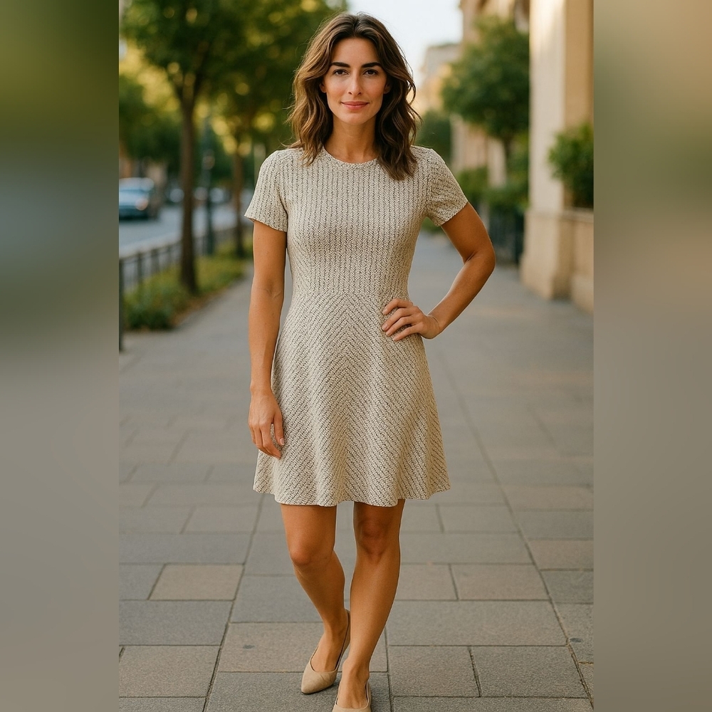 J. McLaughlin sz medium cream black herringbone knit fit n flare dress